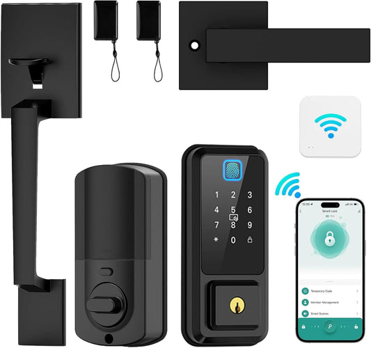 WiFi Front Door Lock Set, Hunnay Keyless Entry Door Lock with Handle, Smart Door Lock with Fingerprint & Digital Keypad, Smart Locks for Entry Door, Bluetooth Enabled with Alexa Voice Control, Black