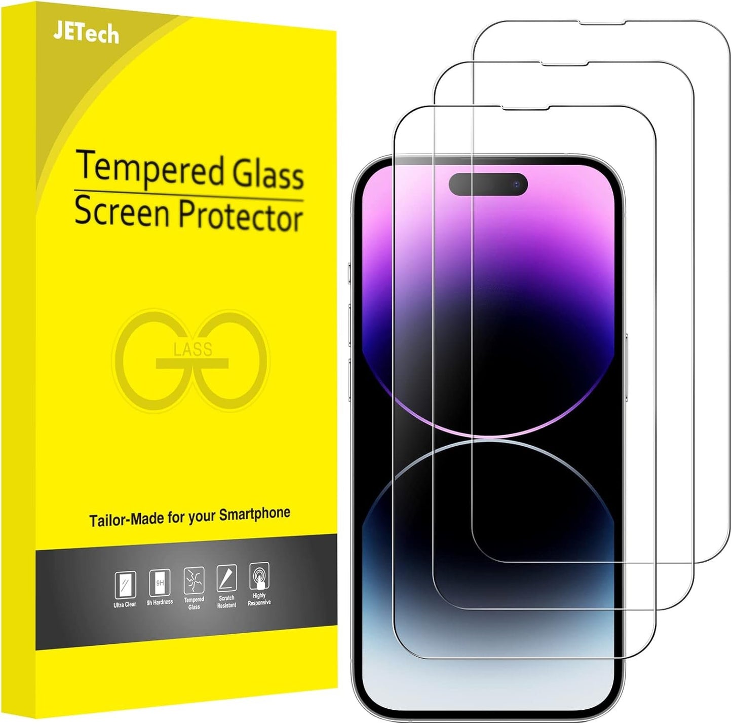 JETech Full Coverage Screen Protector for iPhone 14 Pro 6.1-Inch, 9H Tempered Glass Film Case-Friendly, HD Clear, 3-Pack