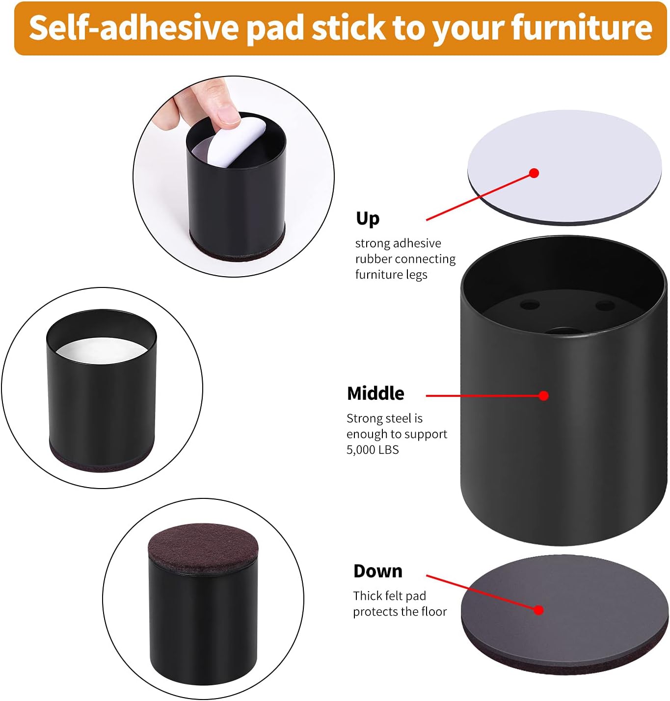 RCHYFEED Furniture Legs Raises Bed by 5 cm, Steel Bed and Sofa Riser, Durable and Space-saving, Self Adhesive 4 PCS Feet for Bed Lift 2 Inches Height to Beds, Sofas, Cabinets