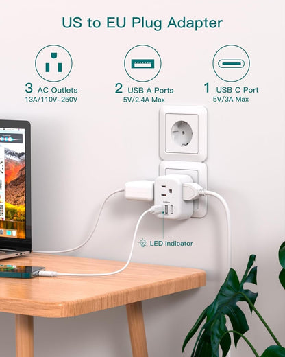 2-Pack Germany France Travel Plug Adapter, 3 Outlets and 3 USB Charging Ports(1 USB C), Addtam Type E/F International Power Adapter, Travel Essentials US to Europe France Germany South Korea