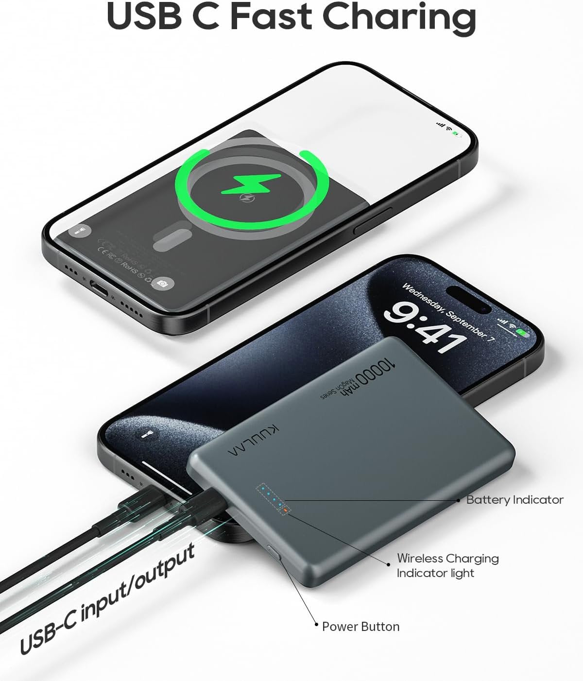 Kuulaa Magsafe Power Bank 10000mAh 20W Fast Charging Portable Charger, Magnetic Battery Pack Compatible with iPhone 16/15/14/13/12 Serie - Grey
