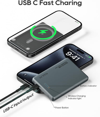 Kuulaa Magsafe Power Bank 10000mAh 20W Fast Charging Portable Charger, Magnetic Battery Pack Compatible with iPhone 16/15/14/13/12 Serie - Grey