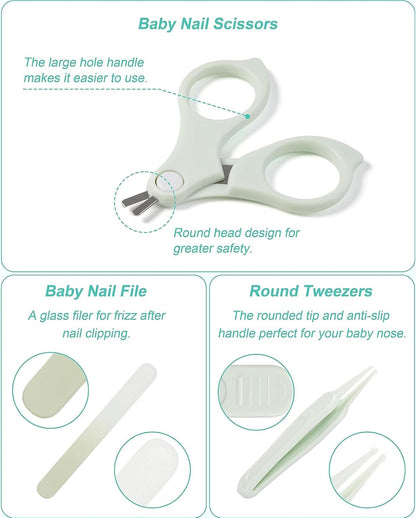 Baby Nail Clippers Care Set, Baby Nail Clipper Kit,Baby Manicure and Pedicure kit Baby Nail Clippers Scissor Baby Nail File & Tweezer for Baby Boy and Girl (Green)