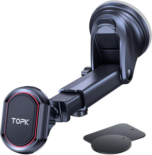 TOPK Magnetic Car Phone Holder for Windshield and Dashboard, [Strong Suction] Adjustable Long Arm Phone Holder with Stronger Magnet for Mobile Phones