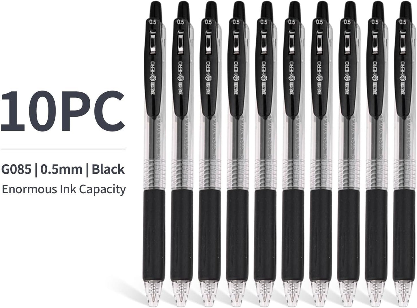 10 PCs Fine Point Retractable Writing Rollerball Pens, Black Gel Ink, 0.5mm Ballpoint Back To School Office Student Art Drawing Sketching Pens Pack of 10