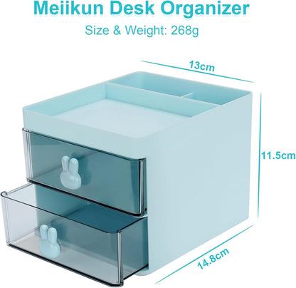 Meiikun Desk Organizer with 2 Drawers, 2 Compartments & a Top Tray, Small Desktop Organizers, Cute Makeup Brush Holder, Office Accessories Home Organization for Women, 13 cm x 15 cm x 11.5 cm (Blue)