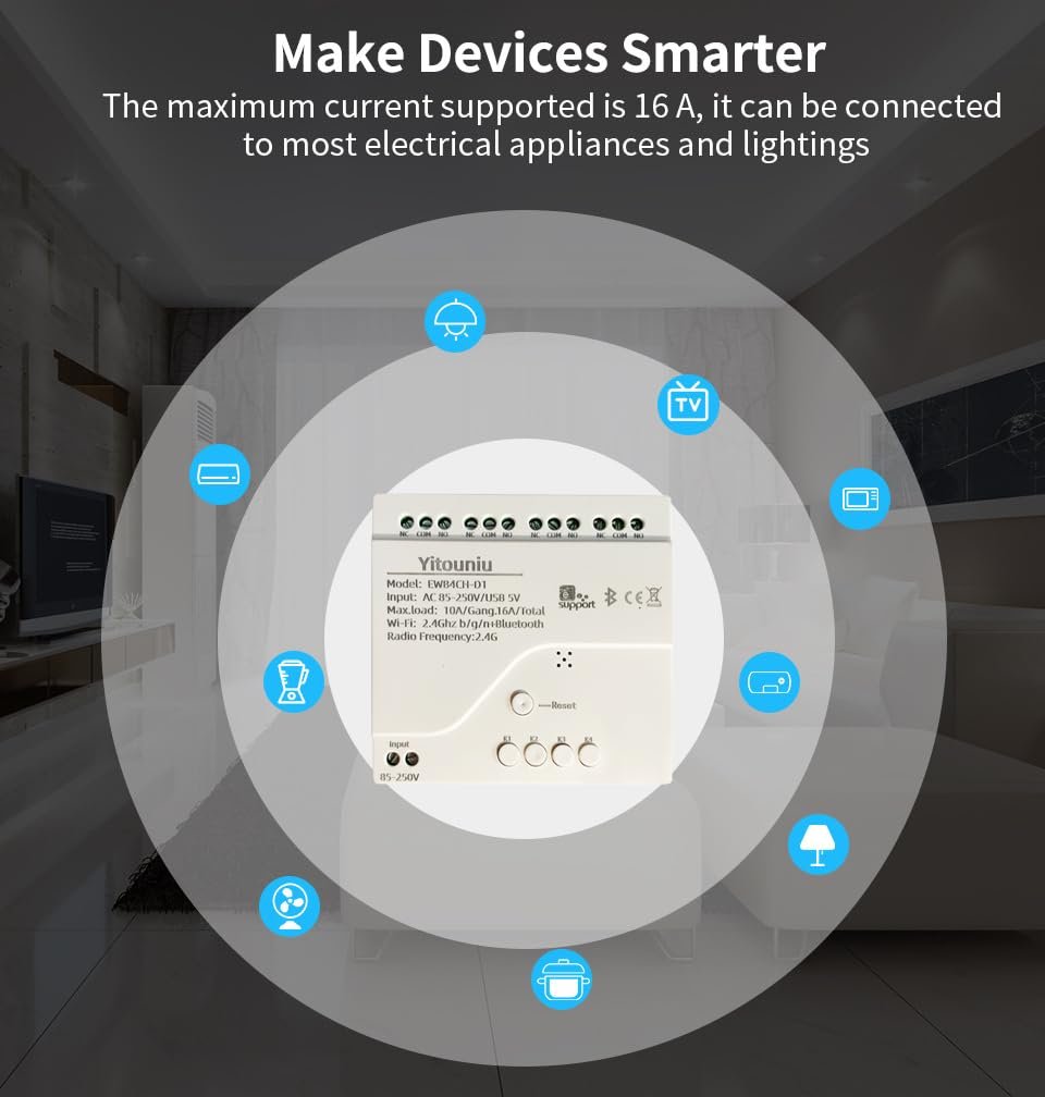 EWeLink 4CH Smart WiFi 85-250V Switch Controller, APP Remote Control, Bluetooth RF Remote Control, Point/Self-Locking/Interlocking, Works with Alexa