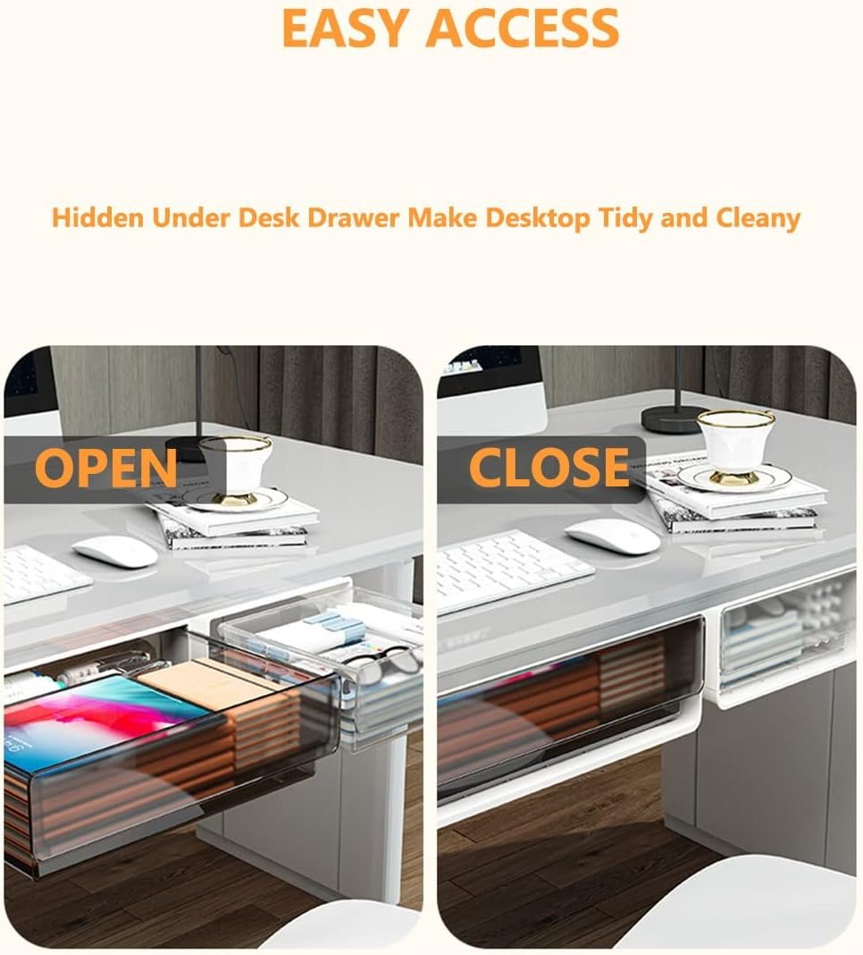 2 Pack Under Desk Storage Drawers, Self-Adhesive Under Desk Drawer Organizers,Stick On Desk Drawer 14â€œ Large and 8â€Small ,Desk Organization Under Shelf Drawer Desk Accessories & Workspace Organizers