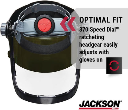 Jack Safety 14230 Quad 500 Premium Multi-Purpose Face Shield/Face Guard; Ratcheting Headgear, Clear Tint, Anti-Fog Coating, Visor Face Protection with 5 IR Rated Flipshade