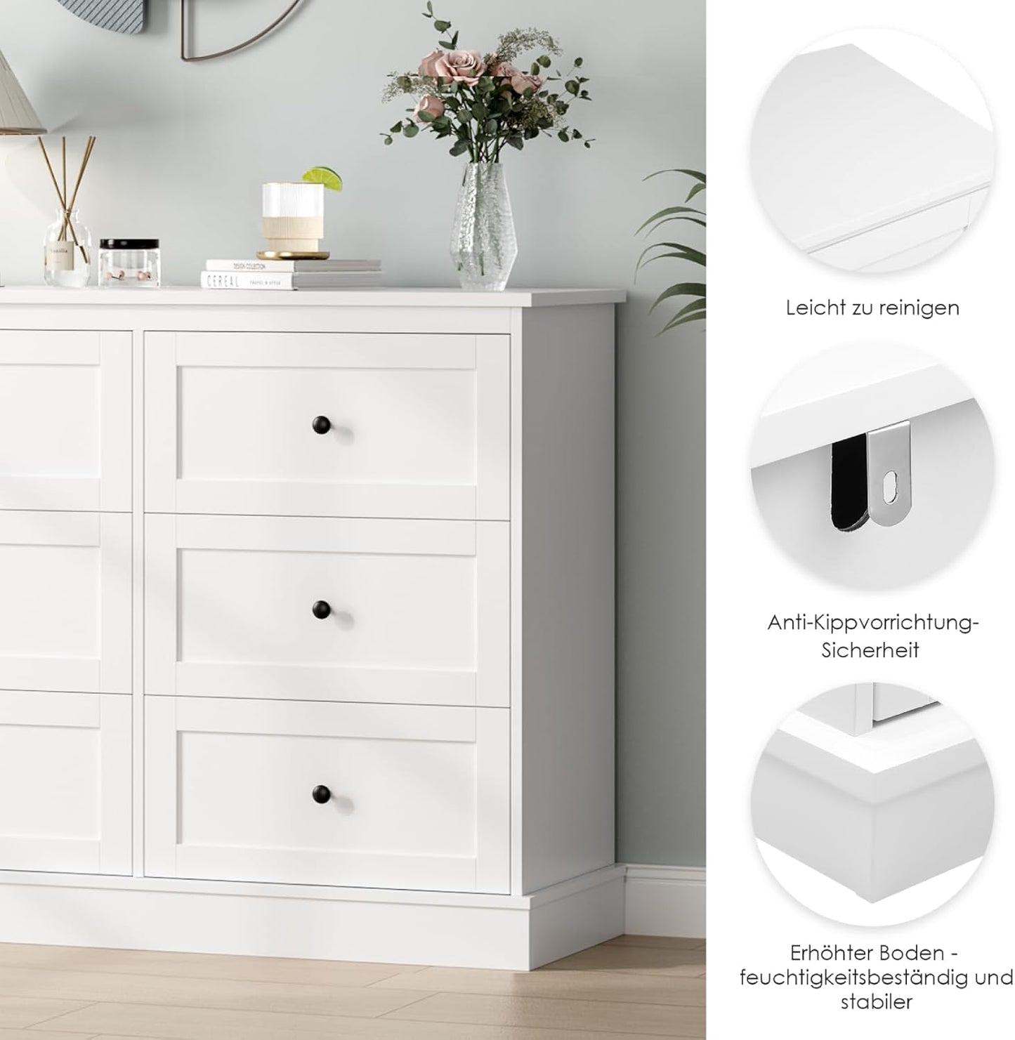 FOREHILL White Chest of Drawers with 6 Drawers, Wooden Bedroom Chest, Modern Style, Furniture with Drawers for Hallway, Bedroom, Living Room, Shipped in 2 Packages 108 x 40 x 87 cm