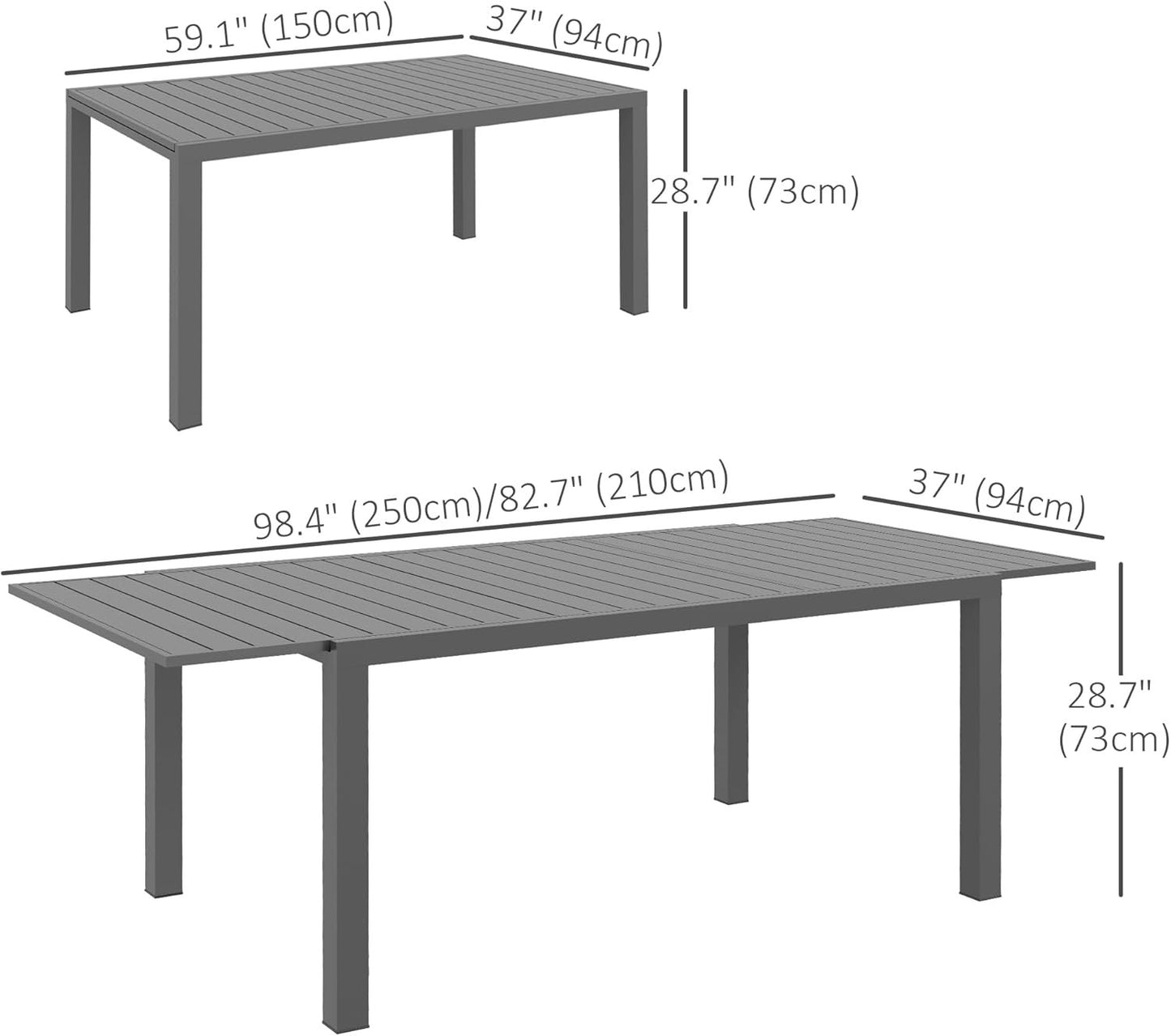 Outsunny Expandable Outdoor Dining Table for 6-8 People, Patio Dining Table with Aluminum Frame & Slatted Tabletop, Rectangle Patio Table for Garden, Lawn, Balcony, Charcoal Grey