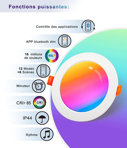 DUSKTEC RGB LED Downlights Ceiling 10W, Colour Changing Spot Lights Dimmable 95-110mm Cutout, Smart Bluetooth Recessed White Spotlights 4 inch, IP44 Ultra Slim APP Controlled Kitchen Lighting 4 Pack