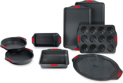 Lagostina Carbon Steel Non Stick Bakeware 8-Piece Set: 2X Cookie Sheets, 2X Cake Pans, Square Cake Pan, Loaf pan, Muffin Pan 12 Cup, Pizza Pan, Black, L404400408