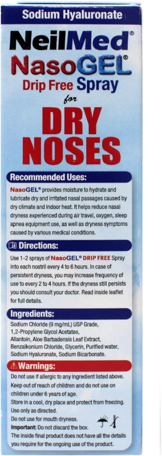 NeilMed NasoGEL Drip-Free Nasal Spray for Dry Noses, Soothing Moisturizing Gel with Aloe Vera & Sodium Hyaluronate, 1 fl oz