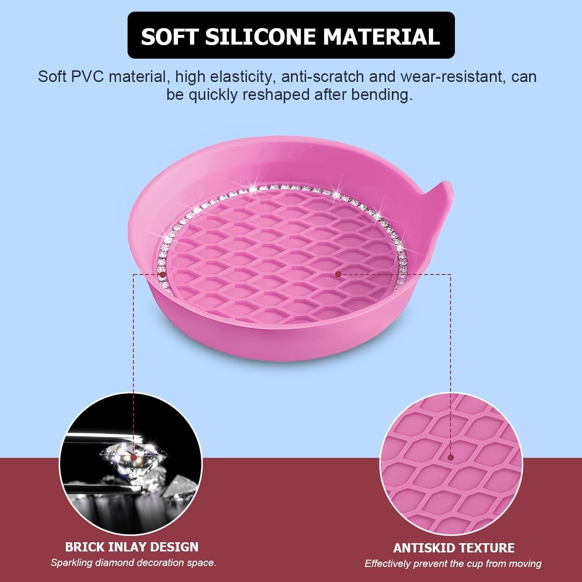 TSUGAMI Bling Car Cup Holder Coaster, 4 Pack Universal Insert Coasters with Crystal Rhinestone, Silicone Non-Slip Shockproof Drink Mat, Car Interior Accessories Fashion Decor for Women Girl (Pink)