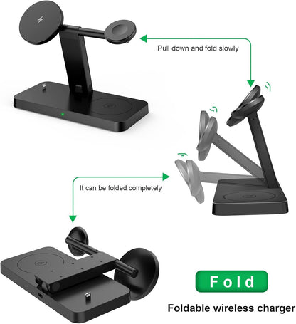 4 in 1 Wireless Charger Stand Magnetic Wireless Charging Station Compatible with Apple Watch Series 10/9/8/7/6/5/4/3/SE/Ultra, AirPods, iPhone 16/15/14/13/12/Pro/Pro Max/Mini (No AC Adapter)