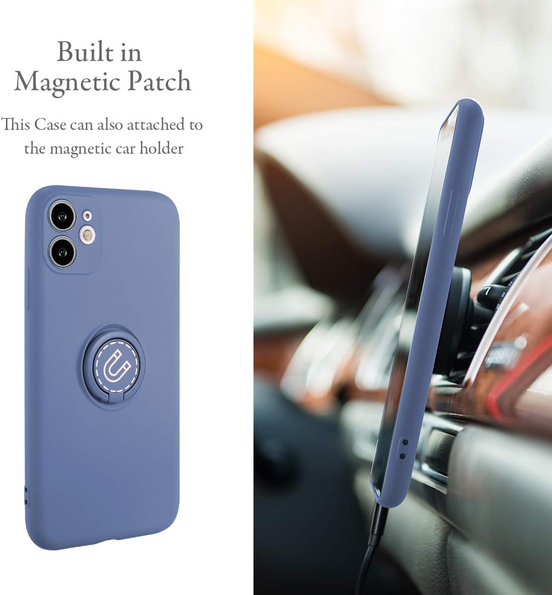 UEEBAI Case for iPhone 11 (6.1 inch), Slim Liquid Silicone Phone Case with 360 Rotatable Ring Holder Kickstand Fashion Hand Strap Magnetic Car Mount Shockproof TPU Bumper Cover - Grey Blue