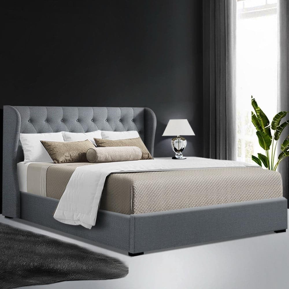 Artiss Queen Bed Frame Platform Wingback Headboard Frames Gas Lift Beds Base with Storage Space Bedroom Room Decor Home Furniture, Upholstered with Grey Faux Linen Fabric + Foam + Wood