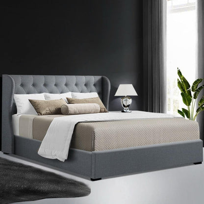 Artiss Queen Bed Frame Platform Wingback Headboard Frames Gas Lift Beds Base with Storage Space Bedroom Room Decor Home Furniture, Upholstered with Grey Faux Linen Fabric + Foam + Wood