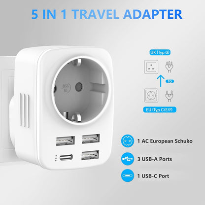 5 in 1 UK Plug Adapters, Clomnpe 2x UK Travel Adapter with 4 USB Ports, UK Italian Plug to Type G Sockets, UK Ireland, Dubai, Maldives, Malaysia, Hong Kong