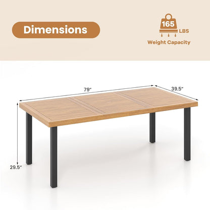 RELAX4LIFE Patio Outdoor Dining Table for 8, 79’’ x 39.5’’ Acacia Wood Rectangular Table w/Slatted Top, Umbrella Hole & Metal Legs, Indoor Outdoor Picnic Bistro Table, 8-Person Patio Dining Table