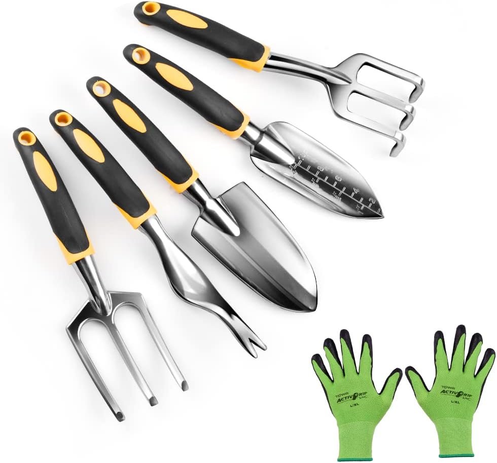 Garden Tools Set - 6 Piece Gardening Hand Tool Set (Weeder, Trowel, Transplanted, Cultivator& Weeding Fork Gloves) - Heavy Duty Aluminum Alloy - Ergonomic & Rust Resistant - Gardening Gifts for Women Men