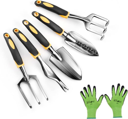 Garden Tools Set - 6 Piece Gardening Hand Tool Set (Weeder, Trowel, Transplanted, Cultivator& Weeding Fork Gloves) - Heavy Duty Aluminum Alloy - Ergonomic & Rust Resistant - Gardening Gifts for Women Men