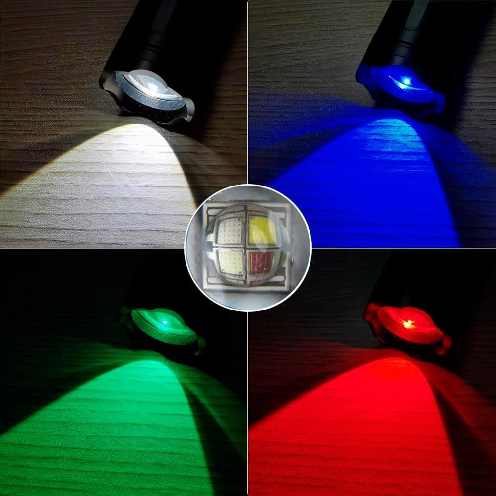 Alonefire X004 Multicolor 4 Color Changing LED Tactical Flashlight Rechargeable Red Green Blue White RGB Light Waterproof Zoomable with Battery, Charger for Camping Hiking Fishing Hunting Tracking