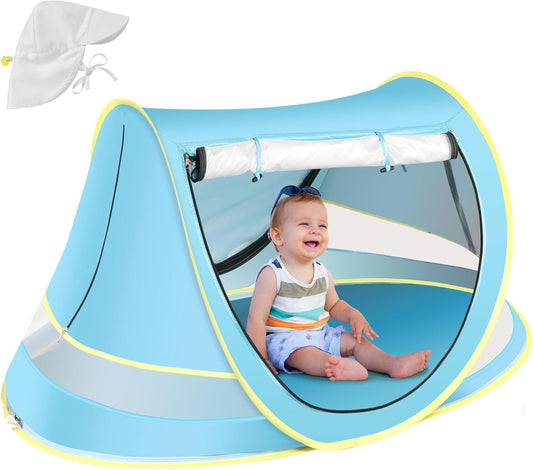 Wilhiker Baby Beach Tent Pop Up: Blue Pop Up Tent with Sun Hat - Kids Sun Tent Portable Uv Protection Tent Baby - Beach Tent for Outdoor Travel Folding Toddler Camping Accessories Sun Shade
