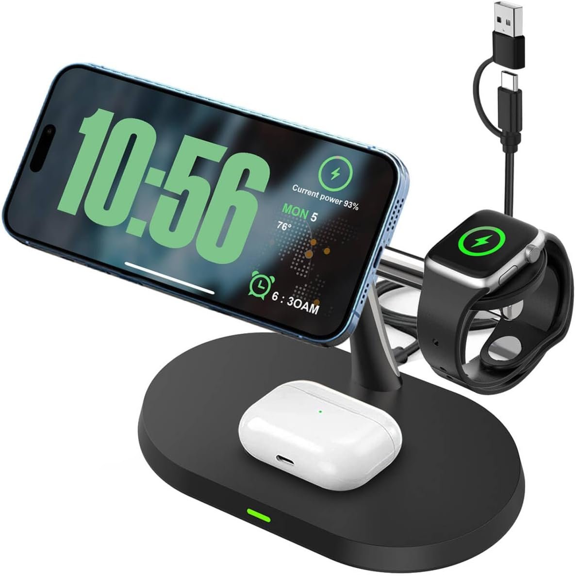 VNBBT 3 in 1 Wireless Charger, 15W Fast Magnetic Wireless Charging Stand Compatible Mag-Safe Charging for iPhone 16/15/14/13/12 Pro Max Series,AirPods,Apple Watch Series 10/9/8/7/6/SE/5/4/3/Ultra 2