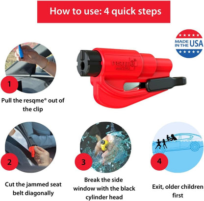 Resqme Accessory Pack The Original Emergency Keychain Car Escape Tool, 2-in-1 Seatbelt Cutter and Window Breaker, Made in USA With Visor Clip, Lanyard, Keyring and Cable Tie - Blue, Orange, Yellow