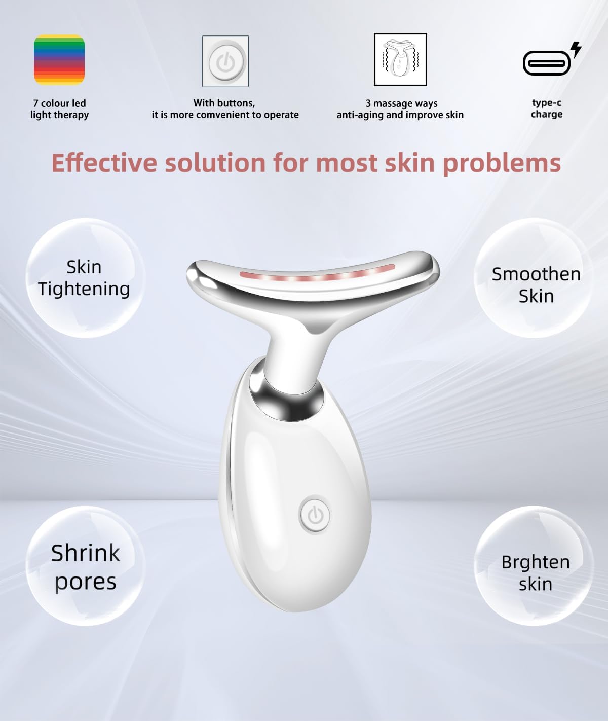 OUMEINIYA Red Light Therapy for Face Wrinkle Removal 7-in-1 Massager micro-glow facial and Neck Massager for Skin Care White