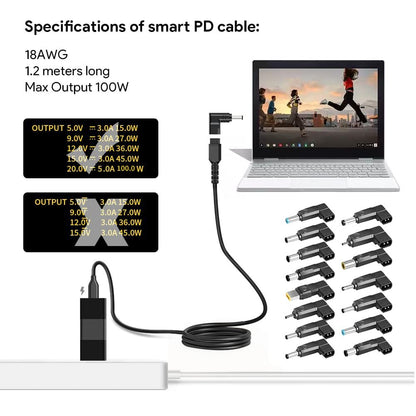 KFD PD USB-C to DC Plug Cable Charger 100W USB-C Power Adapter Power Cable 1.2M 15 in 1 Charging Cable for MacBook Pro 2020 2021, iPad Pro 2020, Pixel, Switch, LG, Mobile Phone Converter Type-C 20V 5A
