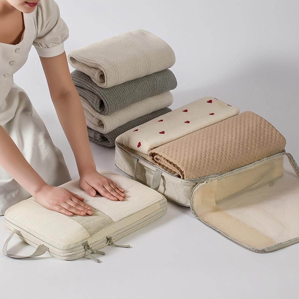 Compression Packing Cubes for Travel Suitcase Organizer Bags Set of 7 Travel Accessory Expandable Packing Organisers With Laundry Bag and Toiletry Bag (Beige)