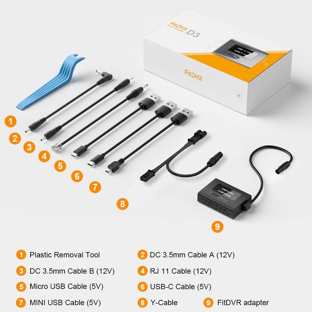 FitDVR Dashcam Power Adapter (3 Pin) Suitable for Audi Volkswagen Porsche (S8 Golf R 911, etc.) LED Display USB Powered, Connect to Rain Sensor, Output 5V 12V, D3-025