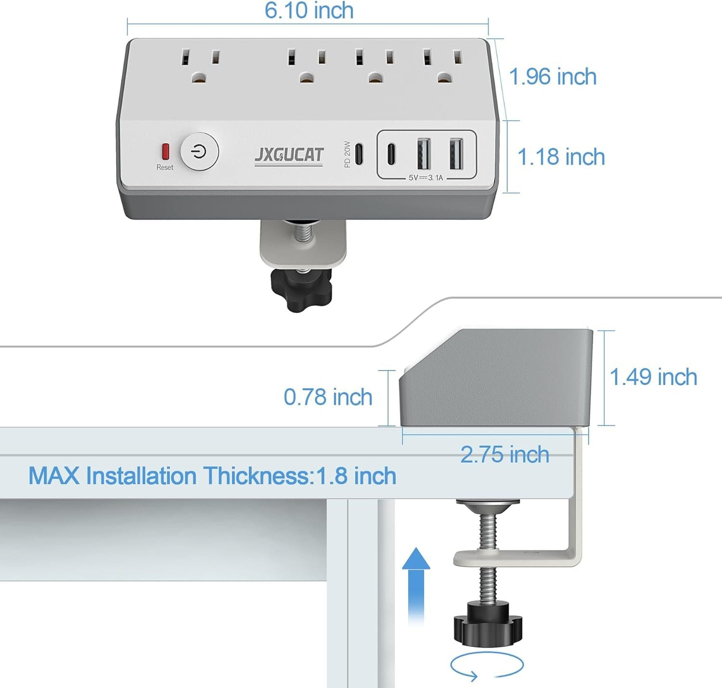 PD 20W USB C Desk Clamp Power Bar, JXGUCAT Removable Fast Charging Desktop Edge Power Strip Surge Protector, 10ft Extension Cord Flat Plug with 4 Outlet 4 USB Ports, Fit 1.8" Tabletop Edge