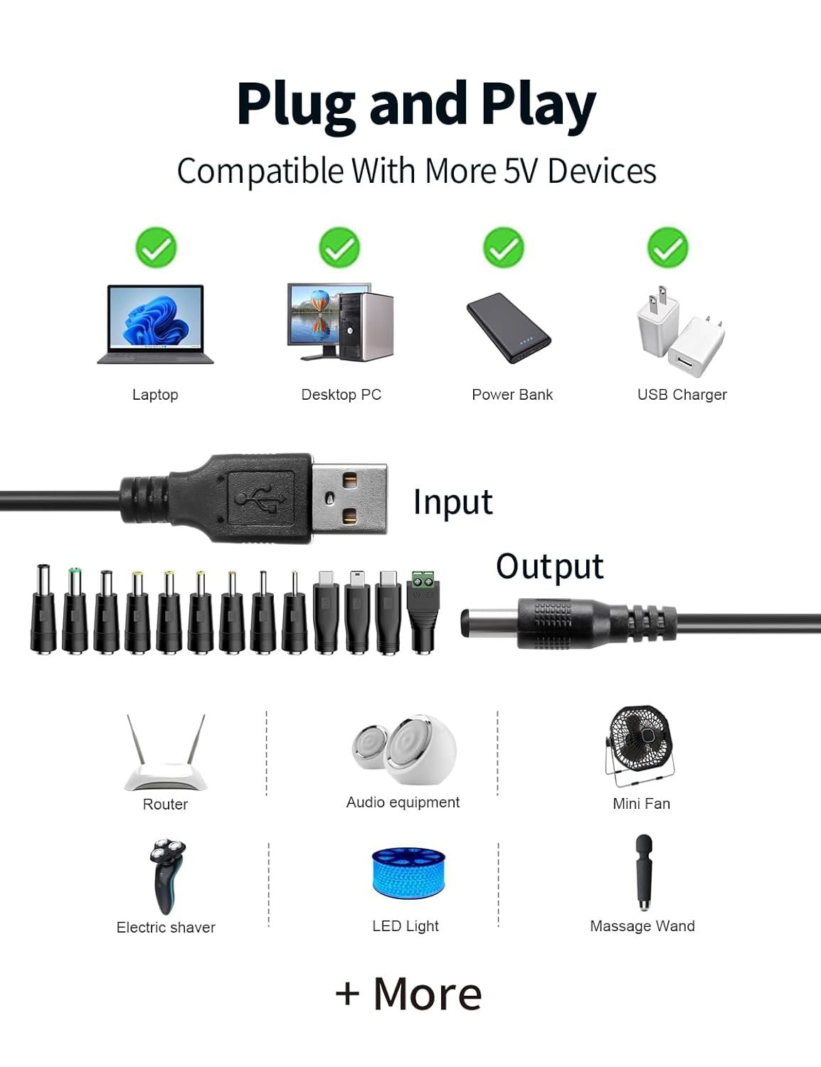 Tonton 5V Universal USB to DC Charger Charging Cable, 5.5x2.1mm DC Plug Power Cable with 13 Adapter Plugs for Mini Portable Fan, Bluetooth Speaker, Webcam, Router, Mobile Phone, Power Bank, USB Hub