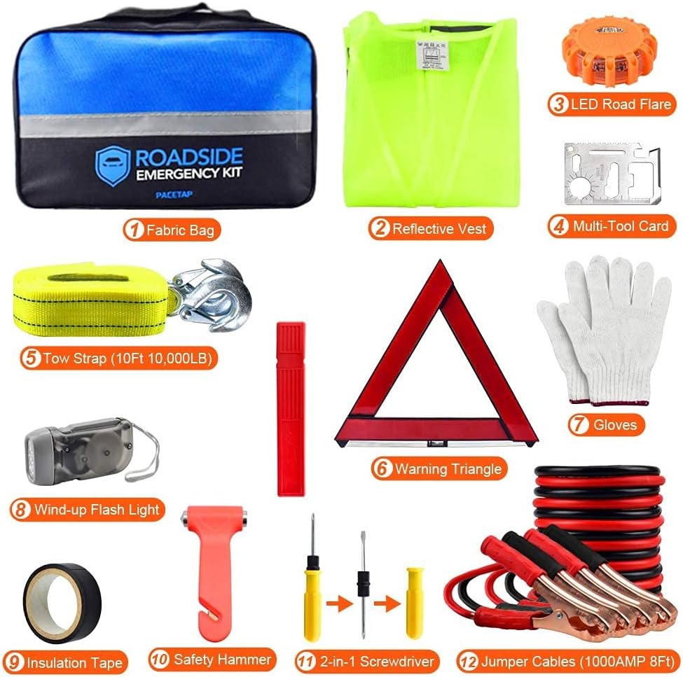 PACETAP Car Roadside Emergency Kit, Essential Auto Safety Road Side Assistance Tool Kit with LED Road Flare, Jumper Cables, Towing Rope, Triangle and More Winter Vehicle Accessories
