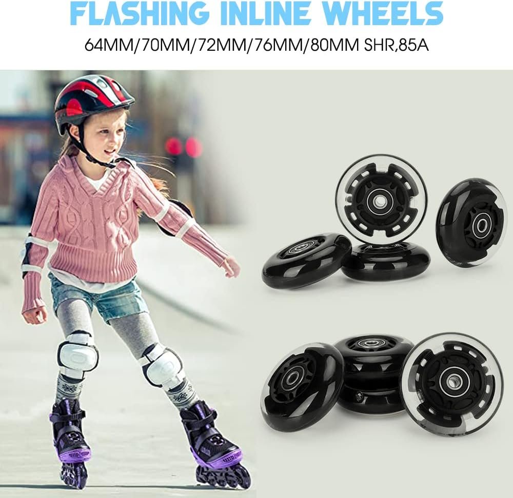 8 Pack Light Up Inline Skate Wheels Replacement 64mm 72mm 76mm 80mm Inline Wheels with ABEC-9 Bearing for Blades Roller Hockey Lighting Skate inline Wheels - 85A Rebound for Indoor & Outdoor