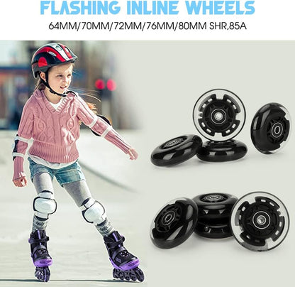 8 Pack Light Up Inline Skate Wheels Replacement 64mm 72mm 76mm 80mm Inline Wheels with ABEC-9 Bearing for Blades Roller Hockey Lighting Skate inline Wheels - 85A Rebound for Indoor & Outdoor