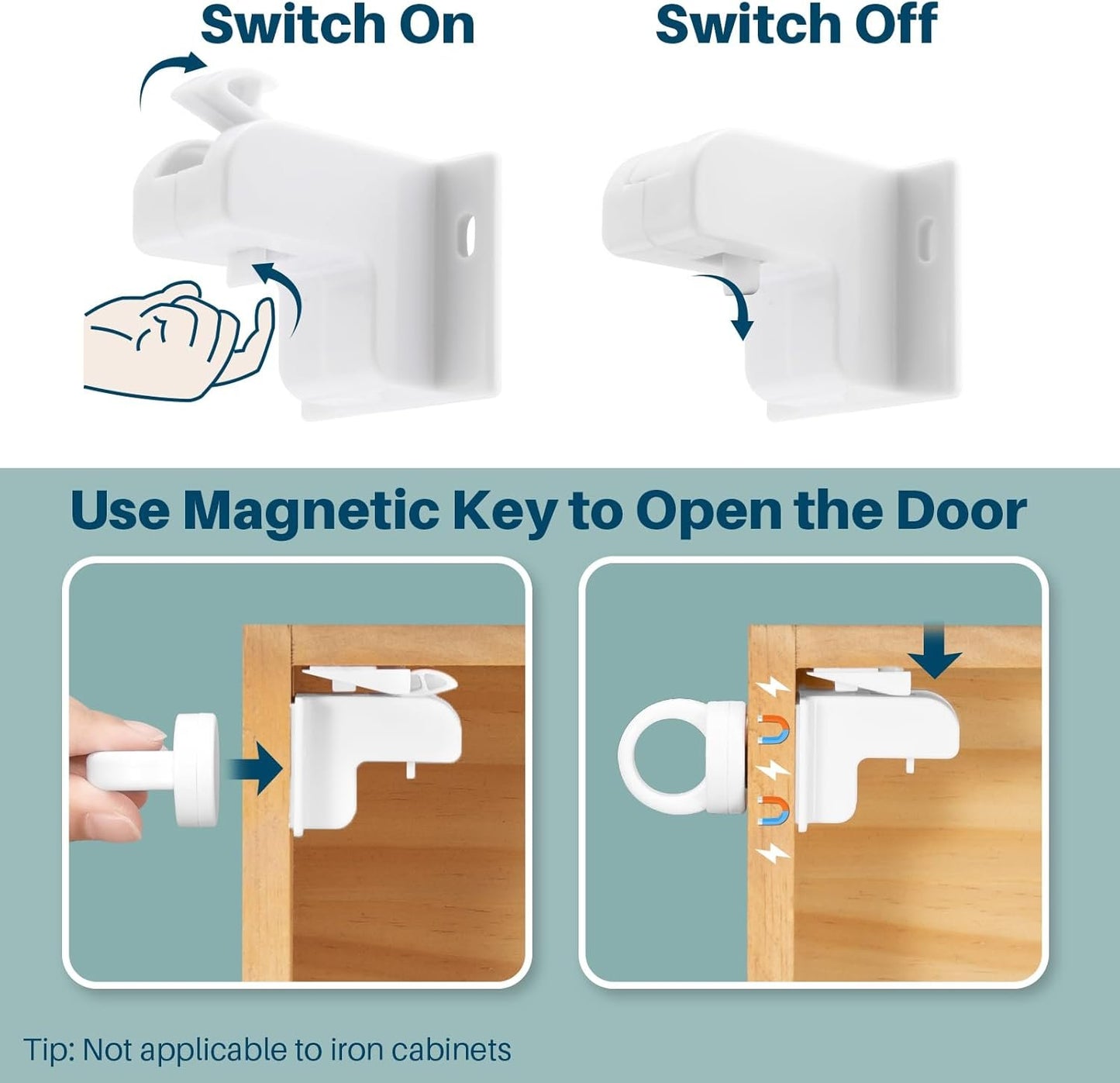 Inaya Magnetic Cabinet Locks for Baby Proofing, Child Proof Magnet Locks for Cabinets & Drawers with Invisible Design, 3M Adhesive, 6 Locks & 1 Key, No Drill & Tools Needed
