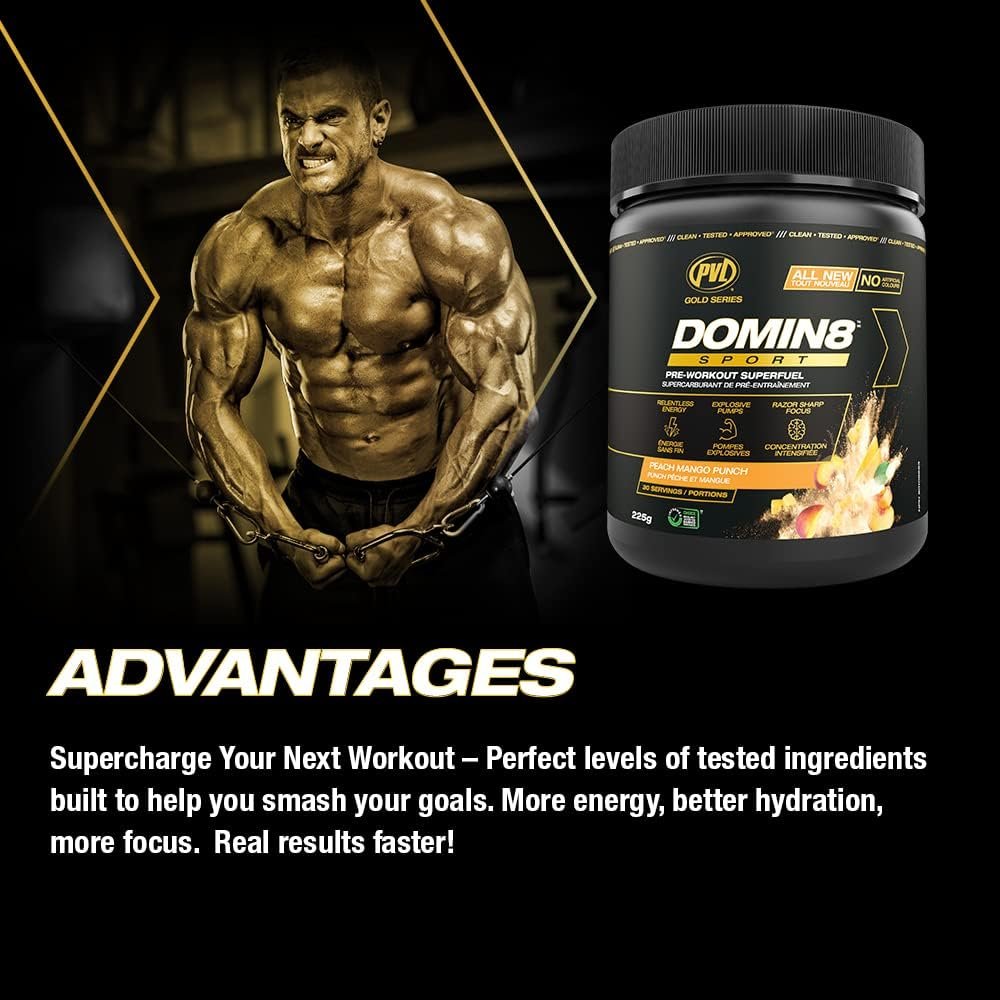 PVL Gold Series Domin8 Sport | pre-workout Superfuel | Peach Mango Punch | 225 G