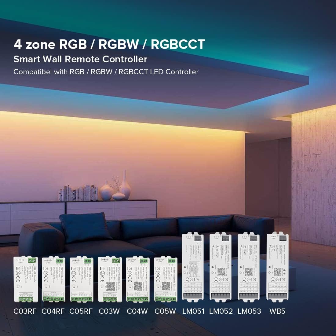 BTF-LIGHTING WR01RF Wireless 2.4G RF 4 Zones RGB RGBW RGBCCT Wall Mounted Smart Panel Remote Powered by 2XAAA Batteries 3V Work with DR03W DR04W WB5 LM052 C03RF C04RF C05RF C03W C04W C05W Controller