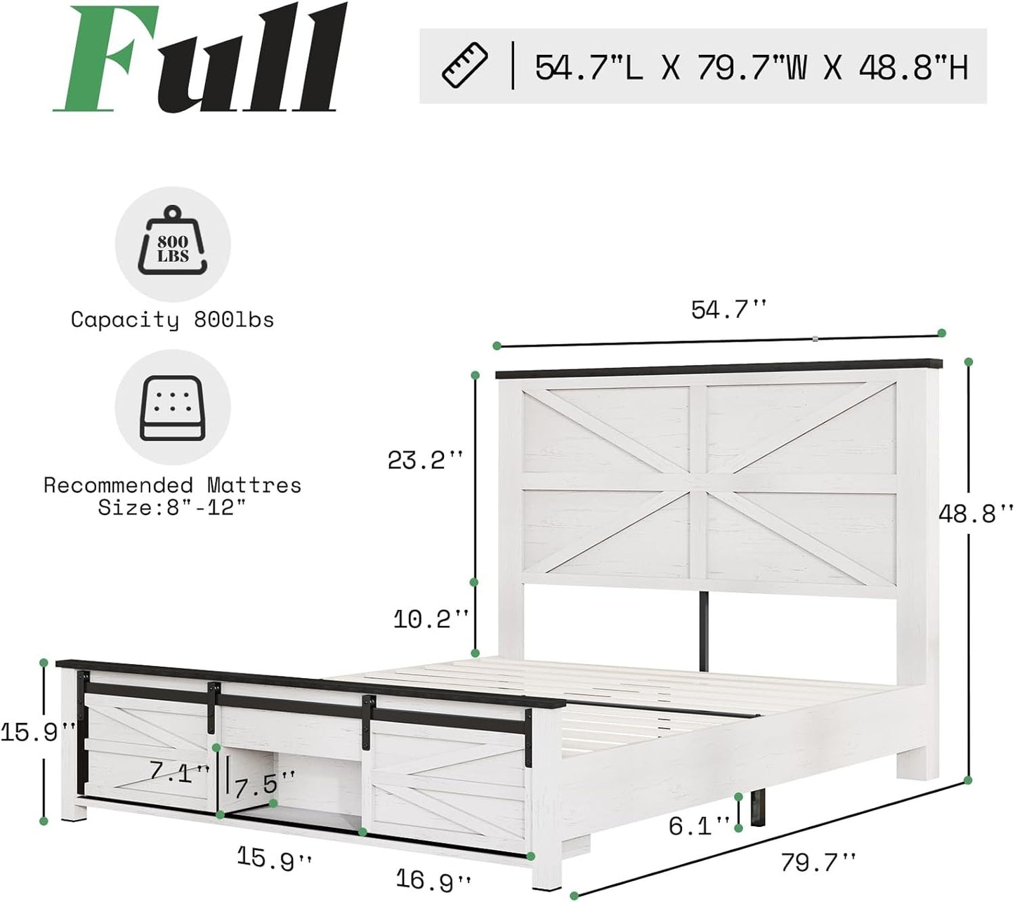 Jocisland 48.8" Farmhouse Wood Bed Frame Full Size with Sliding Barn Door Storage Cabinets and Headboard, No Box Spring Needed, Solid Wood Slats Support, No Squeak, Antique White