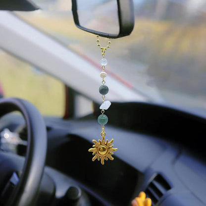 Sun Hanging Car Charm,Green and Gold Rear View Mirror Accessories Cute Boho Dangling Sun Car Decor Handmade Healing Crystals Stones Ornament Gifts for Women Men (Green)