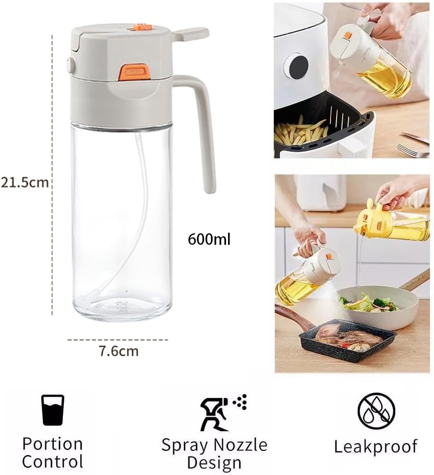 AoFly Oil Spray Bottle, 2 in 1 Olive Oil Dispenser, 20oz/600ml Glass Oil Bottle, Kitchen Tools & Gadgets for Air Fryer, Salad, Frying, BBQ (Beige)