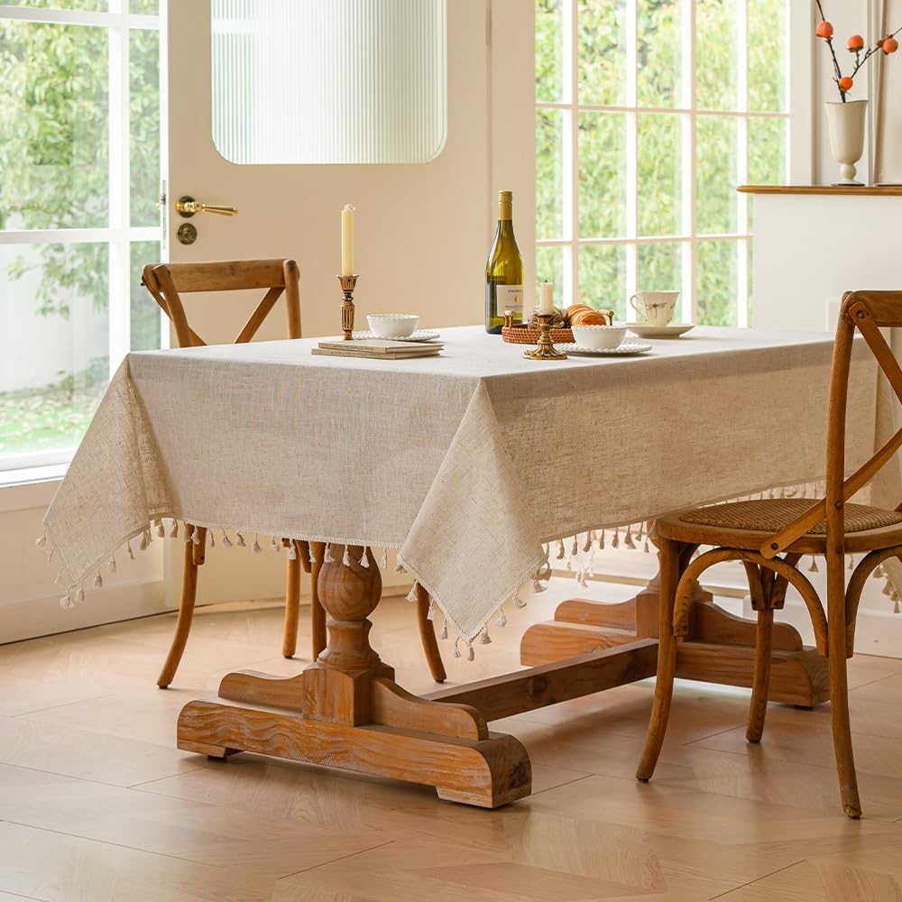 Anaado Cotton Linen Large Table Cloth for Dining Table 14 Seater, Table Cover Picnic Tabletop Decorations, Beige,60''x142''