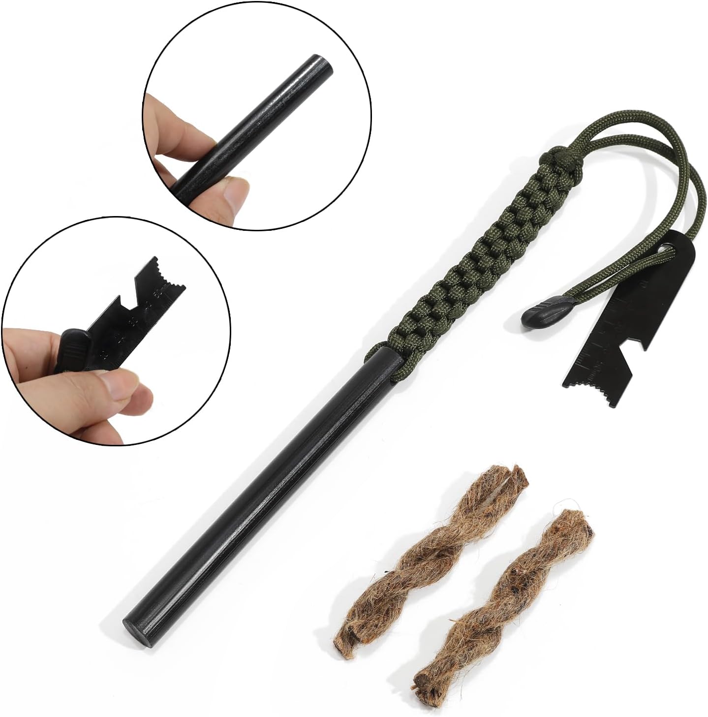 GUTIMORE Fire Starter Survival Tool, 5 Inch,Ferro Rod Kit with Multi-Tool Striker &Tinder Ropes, Drilled Flint Fire Starter for Emergency Survival, Camping, Hiking