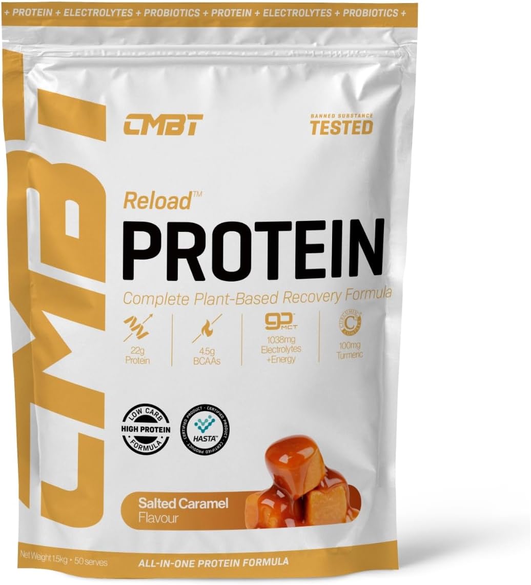 CMBT Reload Protein Powder, 22g Plant-Based Protein, Gut Health, Anti-Inflammatory, Clean Energy, Hydration Support, Banned Substance Tested, Salted Caramel, 1.5kg