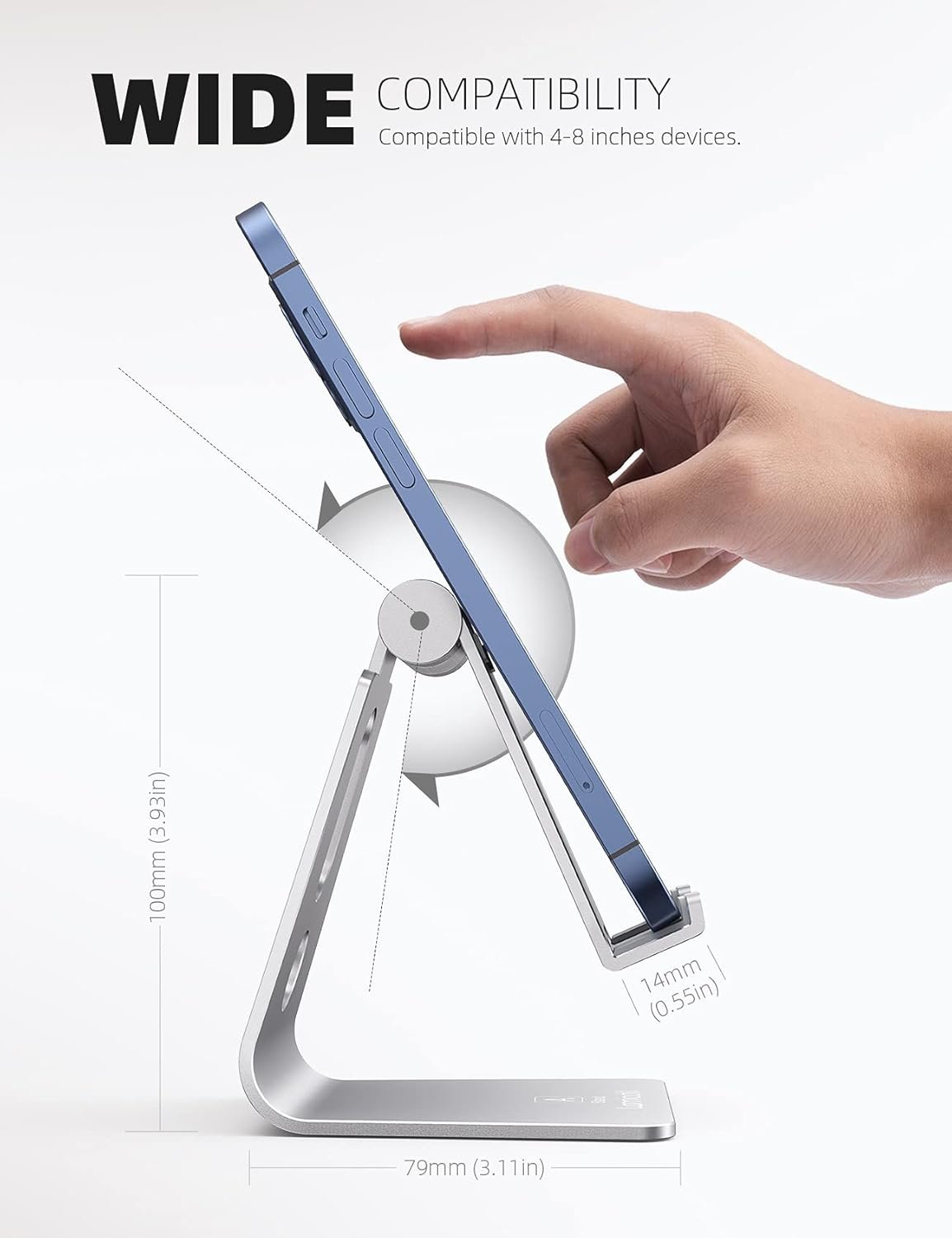 Lamicall Adjustable Cell Phone Stand - Aluminum Desktop Phone Holder, Anti-Slip Mobile Phone Base Desk Table, Compatible with iPhone, Samsung Galaxy Note, Office Accessories, 4-8" Smartphone - Sliver